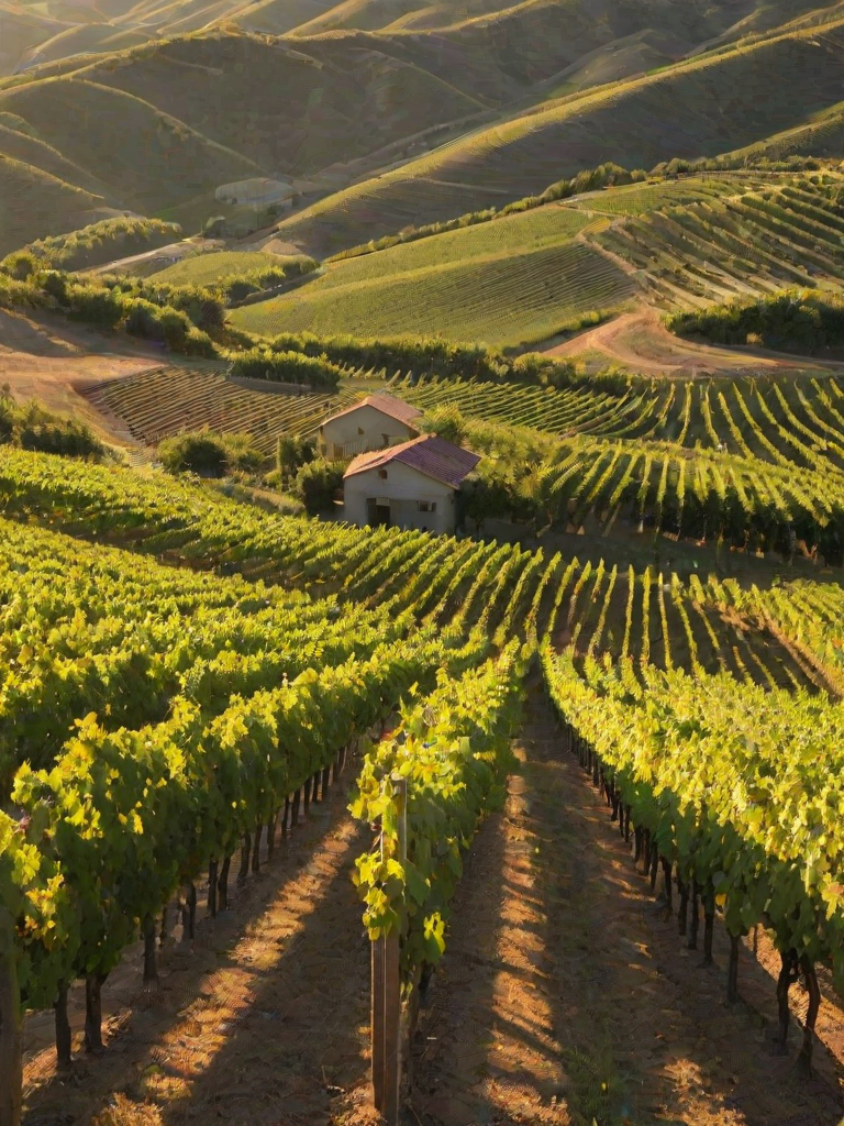 Lush vineyard stretching across rolling hills, grapevines heavy with fruit, and the late afternoon sun casting long shadows over the rows.