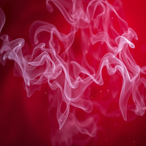 Create a high-resolution abstract image with a rich red background surrounded by swirling white smoke and glowing particles, using a 50mm lens, f/2.8 aperture, ISO 100, shot in low light with a DSLR camera from a frontal view, ensuring clarity and depth in the composition.