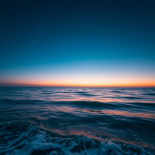 a serene ocean landscape at sunset with a starry sky, soft waves, and gentle colors blending in the horizon