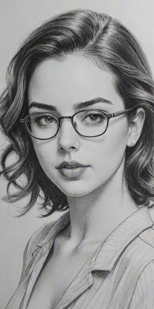 Comely Adelaide Kane, pencil sketch, portrait of Enticing woman 1944s in glasses, hair style beatnik, outline, clear lines, fine lines, 8k
