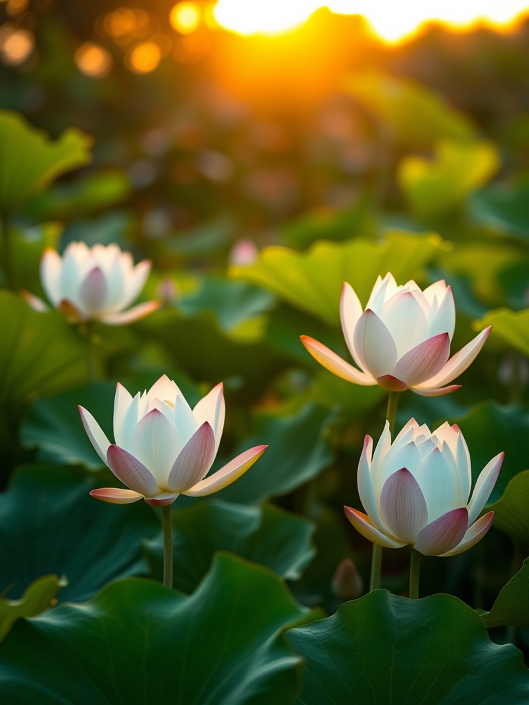 Capture a close-up shot of white lotus flowers blooming amidst lush green leaves during golden hour, using a DSLR camera with a 50mm f/1.8 lens, aperture set to f/2.8, ISO 100, and a shutter speed of 1/200 sec for enhanced clarity and vibrant colors.