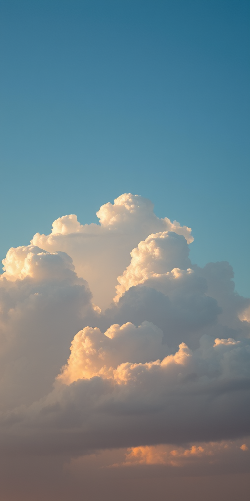 capture a landscape of fluffy clouds against a blue sky during golden hour, with soft natural lighting, using a DSLR camera set to ISO 200, aperture f/8, shutter speed 1/100s, shot from a high angle, in landscape orientation for wide depth of field and sharp details