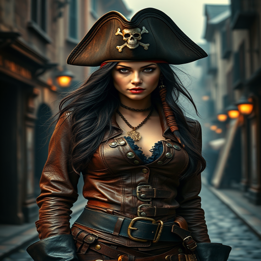 Create a portrait of a fierce female pirate. She wears a leather tricorn hat adorned with a skull and crossbones emblem, and her long, dark hair flows around her face. Her outfit consists of a richly detailed leather jacket, a corset, and multiple layers of belts and accessories, giving her a formidable and stylish appearance. She stands confidently in a dimly lit, historic port town, with a backdrop of weathered buildings and cobblestone streets, capturing the adventurous spirit of a pirate.