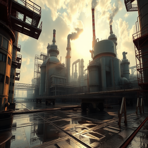 regenerate a detailed industrial landscape scene with futuristic architecture, warm sunlight filtering through, emphasizing textures and reflections on wet surfaces, set your camera to ISO 100, aperture f/11, shutter speed 1/125s, using a wide-angle lens for a panoramic view, captured with a digital DSLR camera in high dynamic range style