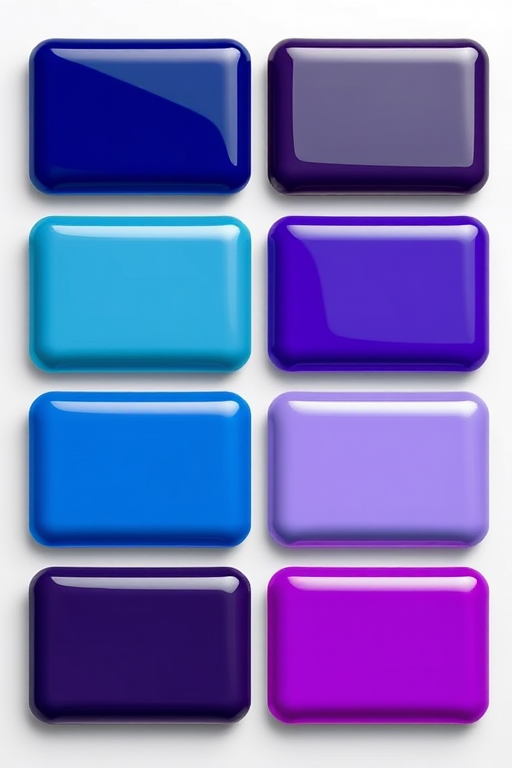Create an image of six glossy rectangles arranged in two rows, with three rectangles in each row; the top row should have two dark blue rectangles and one light blue rectangle, while the bottom row should have two dark purple rectangles and one light purple rectangle, use a Canon EOS R5, aperture f/4, ISO 100, 50mm lens, shot from a straight-on view with studio lighting to enhance color vibrancy and surface gloss.