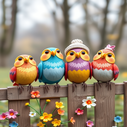 create a scene of 4 quirky  whimsical colourful comical birds each with a funny expression. they are sat on a wooden fence with colourful flowers. they are all different sizes. each one is a different colour  one is wearing a woolly hat. Each one has a different quirky google expression and there is a muted background of trees watercolour paintierly style high definition 8k resolution 3D paper mache