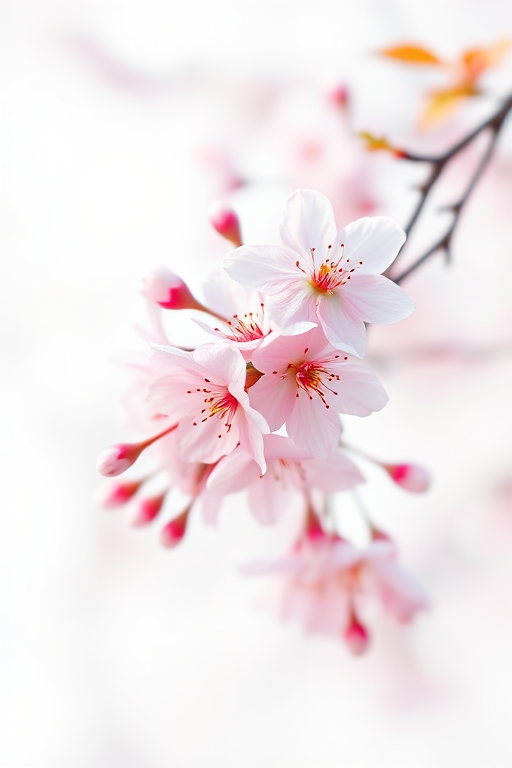 Regenerate this image of delicate pink cherry blossoms against a softly blurred white background, using a DSLR camera with a 50mm f/1.8 lens, aperture set to f/2.8, ISO 100, and a shallow depth of field for enhanced clarity and softness in the light.