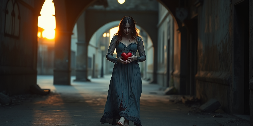 A haunting figure in a blood-stained gray dress holding a heart, walking through a dilapidated archway on an empty street, sunset light filtering through, 50mm lens, f/1.8, ISO 100, shallow depth of field, high dynamic range photography, cinematic style, full-frame camera.