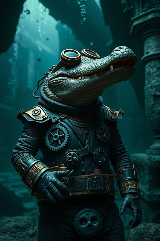 A detailed steampunk alligator character in a mechanical suit with intricate gears and goggles, set against a dark, atmospheric background of underwater ruins, captured with a Canon EOS R5, 50mm lens, f/1.8, ISO 200, and low angle shot for dramatic effect.