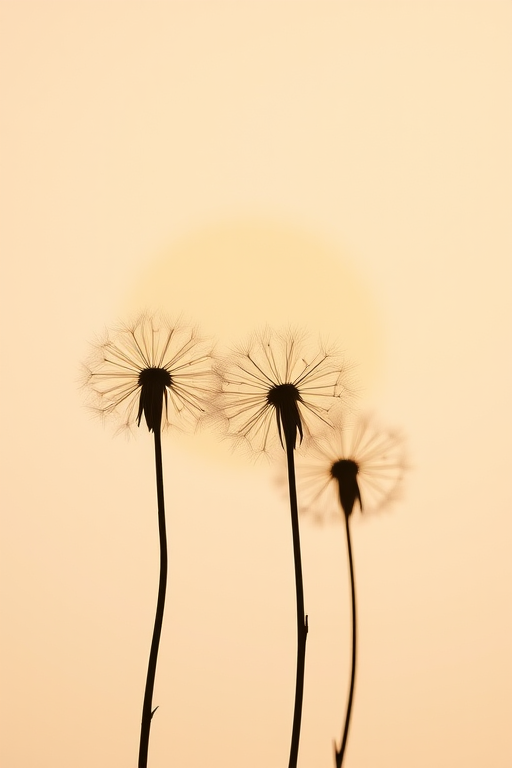 create an abstract design featuring delicate dandelion silhouettes with earthy toned circles in the background, shot with a Canon EOS R5 at f/1.8, ISO 100, 50mm lens, soft natural lighting, minimalist composition