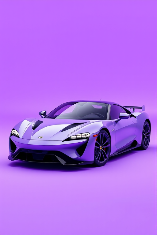 Generate a high-quality 3D render of a sleek sports car with a modern design, soft purple background, shot with a Canon EOS R5 at 50mm, f/1.8, ISO 100, employing HDR photography style for enhanced detail and depth.