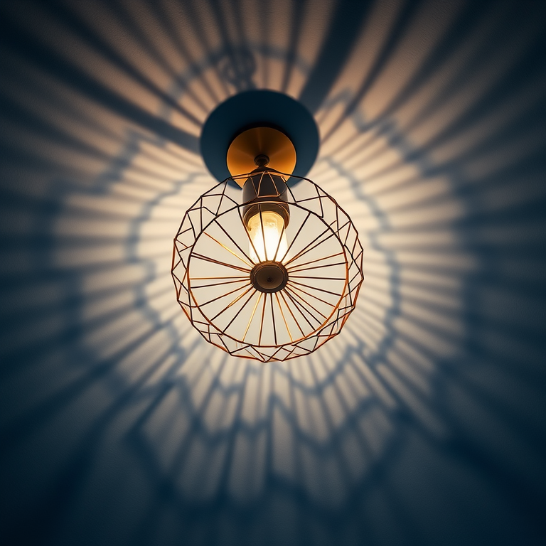Ceiling light fixture with geometric wire design casting shadows on a blue wall, taken with a Canon EOS R5, 24mm f/1.4 lens, ISO 100, aperture f/4, 1/60s shutter speed, top-down angle for dramatic effect.