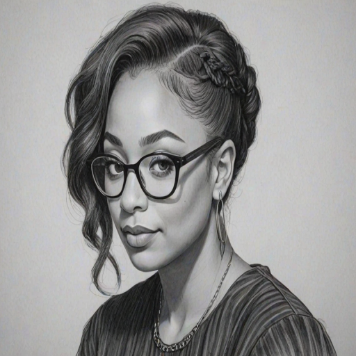 Attractive Raven Symone, pencil sketch, portrait of Splendid woman 1964s in glasses, hair style beatnik, outline, clear lines, fine lines, 8k