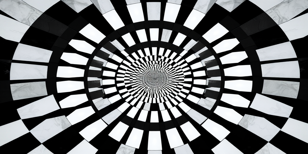 Create a high-resolution image of a black and white checkerboard pattern with spiraling squares, using a DSLR camera with a 50mm lens, aperture set to f/8, ISO 100, and a symmetrical overhead view to enhance depth and contrast.