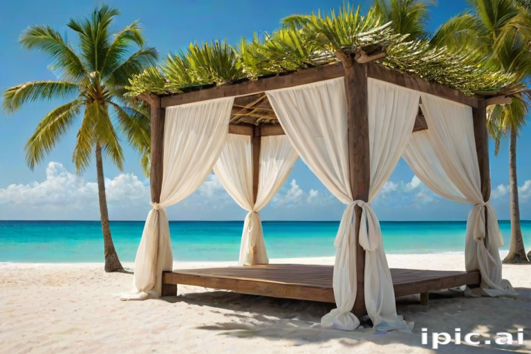Create a picturesque tropical beach scene featuring a serene, white sandy shore. In the foreground, there's a rustic wooden canopy with white drapes gently flowing in the breeze. Underneath the canopy, a table is set with tropical decor, evoking a sense of relaxation and leisure. The beach extends into a calm, shallow water area with reflections of the sky and surroundings. Palm trees and lush greenery line the edge of the beach, providing a natural, tropical backdrop. The sky is clear with a few scattered clouds, and the overall atmosphere is tranquil and inviting, perfect for a peaceful retreat.