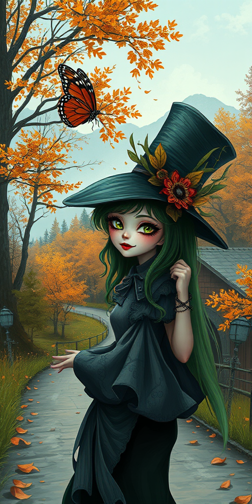 digital art fantasy depicting a strange girl with green hair, long eyelashes, red lipstick and a tall hat walking along a winding road on an autumn afternoon, an Butterfly smiles as she passes