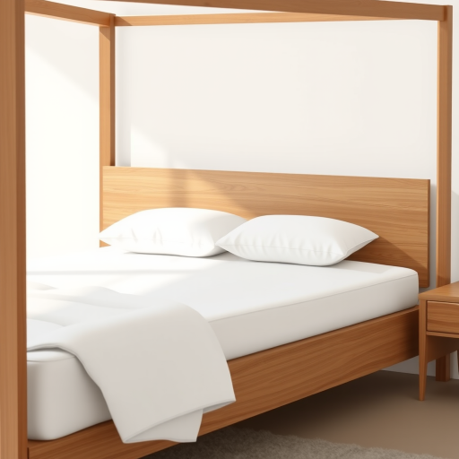 Create a high-resolution illustration of a modern bed with a wooden brown frame and two white pillows on a plain white mattress, using a digital art style, with a 50mm lens at f/1.8, ISO 100, and a soft natural light setting to enhance the quality.
