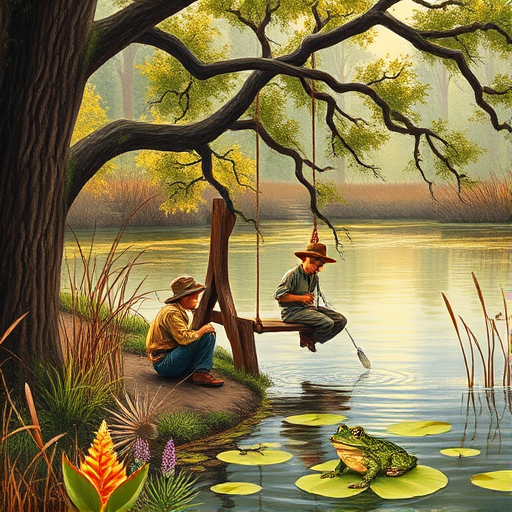 Imagine a small group of old fashioned young boys out fishing by the creek, a swing hanging from a tree branch, reeds and grasses by the water's edge, a frog sitting on a lily pad, dragonflies hovering over som water plans, a very iconic old fashioned scene reminiscent of a Norman Rockwell painting style