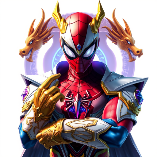A high-budget, anime-style wallpaper featuring Spiderman in an epic White, blue red Kirin armor. Golden dragon gloves, the gloves is in the shape of dragon heads, Golden dragon head gloves, White glossy eyes, The armor is designed with metallic details that reflect light, showcasing intricate Kirin motifs. Spiderman's armor is a striking gradient of blue, red and white, with Colorful galaxy inner sections, making it look both powerful and sleek. The background is flat white, with Kirin-shaped blue-violet glowing rune relic to give the impression power, striking pose, the Kirin's armor is dominantly in white, with some details in blue and red, Cinematic anime action scene, cinematic action pose, medium shot action portrait, dramatic effect of shadow and light.