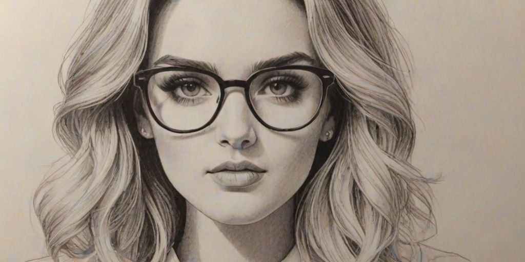 Charming Perrie Edwards, pencil sketch, portrait of Attractive woman 1978s in glasses, hair style beatnik, outline, clear lines, fine lines, 8k