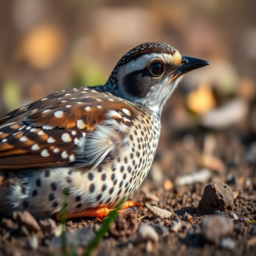 Capture a close-up of a spotted bird resting on the ground with vivid detail, using a Canon EOS R5 camera, 85mm lens, f/1.8 aperture, shutter speed 1/250s, ISO 200, natural lighting, shallow depth of field, emphasizing textures and colors.
