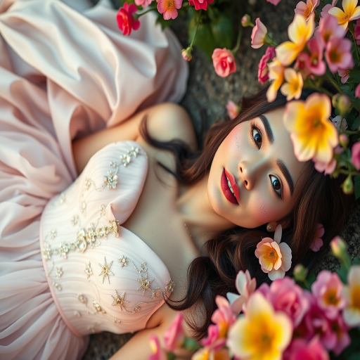 Capture a serene portrait of a young woman in a pastel-colored gown adorned with floral embellishments, lying among vibrant flowers, soft natural lighting, 50mm lens, f/1.8 aperture, shallow depth of field, DSLR camera, golden hour for warm tones.