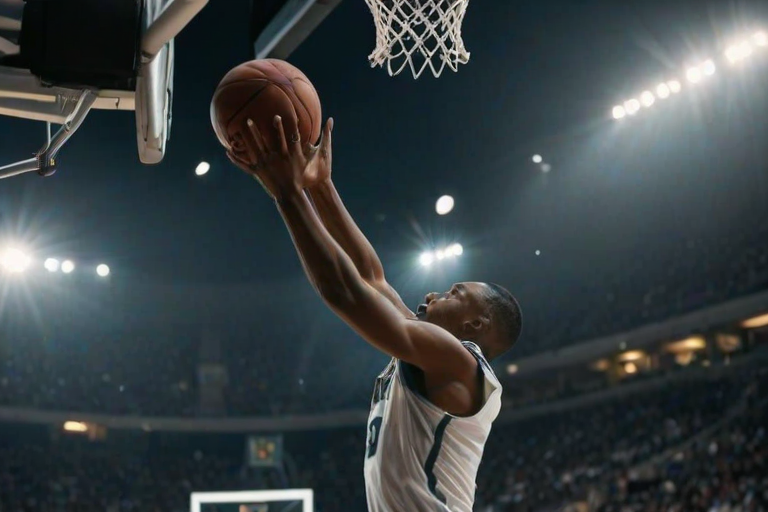 Blurry action shot of a basketball player mid-jump, reaching for the hoop, intense concentration on their face, stadium lights casting harsh shadows on the court, the crowd in the background roaring, focus on the movement of the ball.