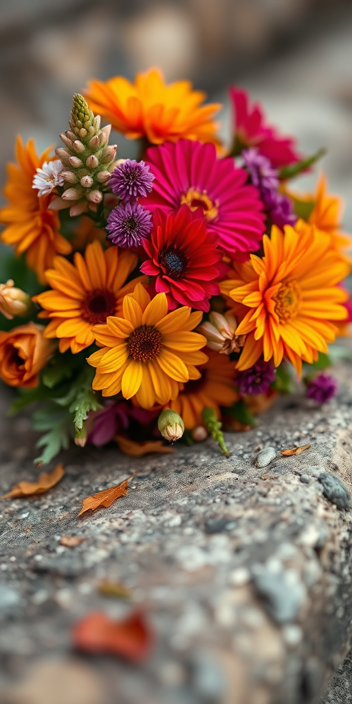 Macro shot of a vibrant bouquet of flowers in warm autumn colors resting on a textured stone surface, with a shallow depth of field, f/2.8 aperture, 50mm lens, ISO 100, natural light for soft bokeh.