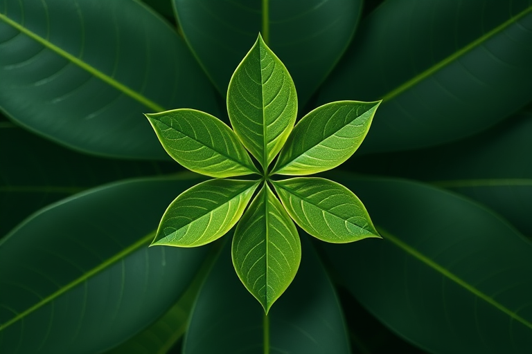 Create a high-resolution vector image of a stylized green leaf design with six leaves arranged in a star shape, captured with a Canon EOS R5 at f/8, ISO 100, 50mm lens, top-down view, soft lighting.