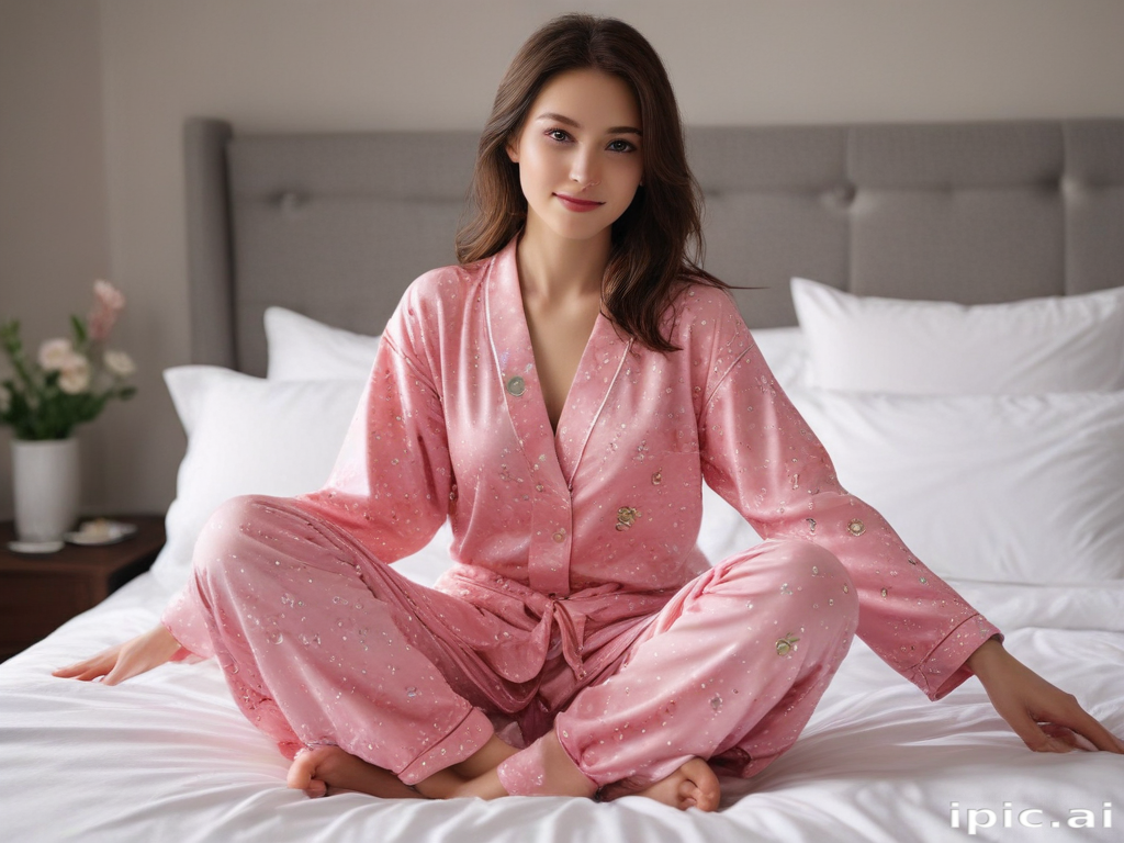 Cozy Morning Vibes: A Woman in Pink Pajamas Relaxing on Bed