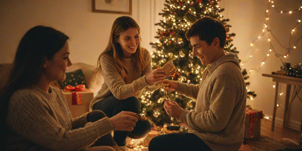 Warm, softly lit image of a family decorating a Christmas tree, soft glow from the string lights illuminating their faces, with presents and festive decorations scattered around.