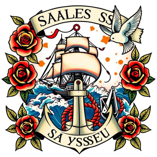 Bold traditional American tattoo named "Sailor's Odyssey" featuring vibrant primary colors and thick black outlines depicting a classic nautical scene with a ship battling stormy seas, an anchor wrapped in rope, and a swallow in flight, all framed by traditional rose and banner elements, creating a timeless and eye-catching design that pays homage to the rich history of tattoo art