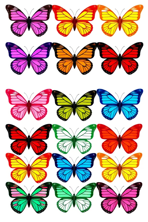 Generate an image of a grid of nine butterflies. Arrange three rows with three butterflies each. The butterflies should be in various colors: purple, pink, orange, green, blue, white, red, and yellow. Each butterfly should have distinct designs and patterns on their wings, showcasing a vibrant and colorful appearance.