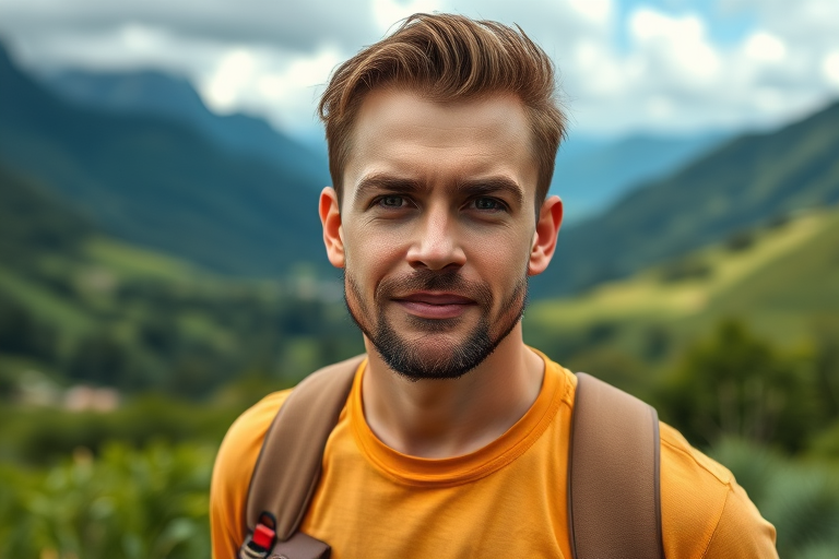 portrait of a man standing in a lush green landscape with mountains in the background, f/2.8 aperture, ISO 100, 50mm lens, shallow depth of field, natural lighting, taken with a DSLR camera