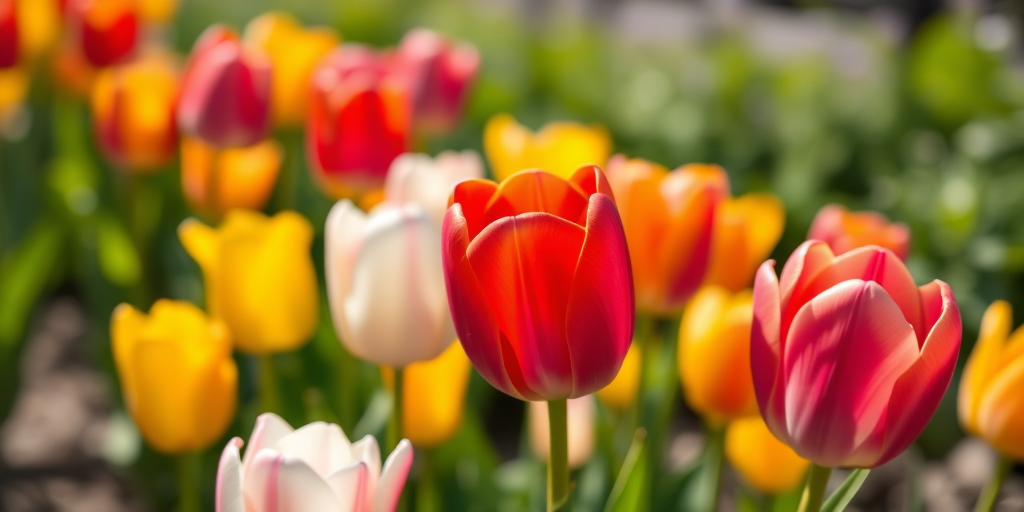 Capture a vibrant close-up of blooming tulips in various colors with a shallow depth of field, using a DSLR camera, aperture f/2.8, ISO 100, shutter speed 1/500 seconds, natural soft sunlight, and a wide-angle lens at a low angle to emphasize the flowers against a blurred background.