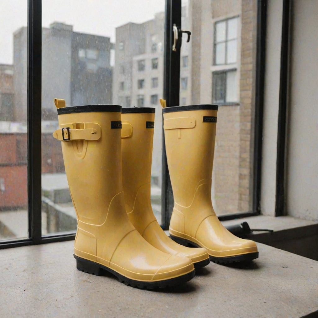 Generate an image of a pair of stylish, yellowish-beige rubber boots with a relaxed fit, featuring a thick black sole and a yellow stripe along the base. The boots should be placed next to a window, showcasing a modern and clean aesthetic.