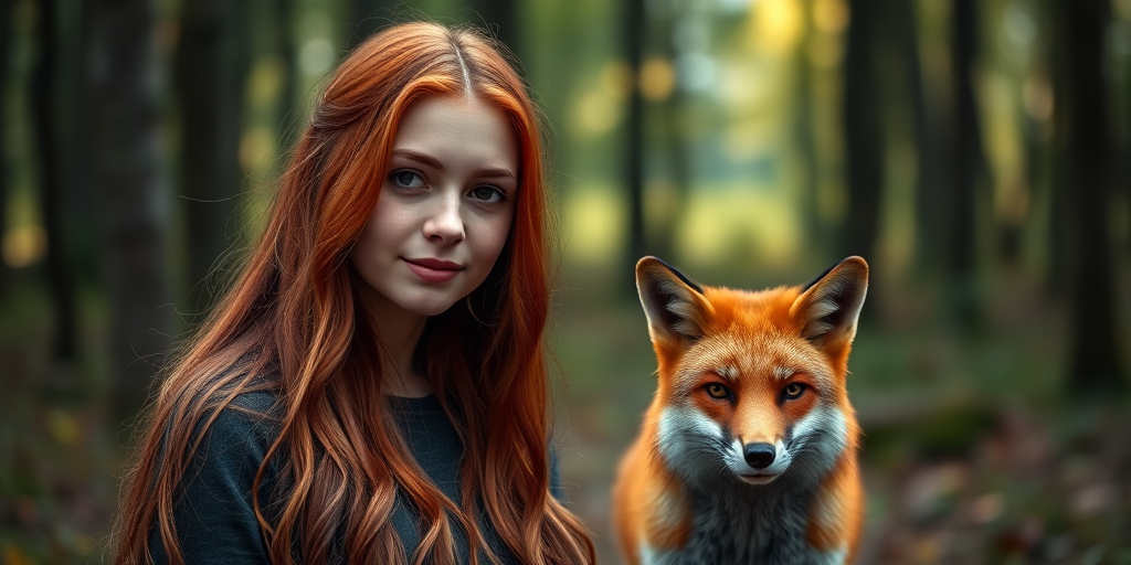 A young woman with long red hair in a forest, standing beside a fox, soft natural lighting, bokeh background, 50mm lens, f/1.8 aperture, ISO 100, shot in portrait mode, DSLR camera.