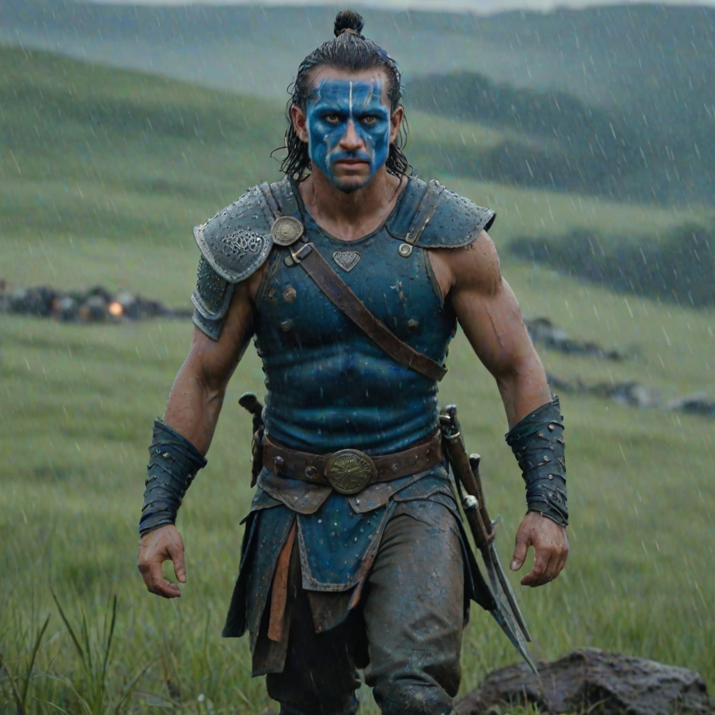 Generate an ultra-realistic and highly detailed photograph of a "brave heart" warrior. he's standing still, looking menacingly at the camera. He has face paint in shades of blue. He's standing on a green hill. Rain. The background is a blurred image of a battlefield. 4k. UHD