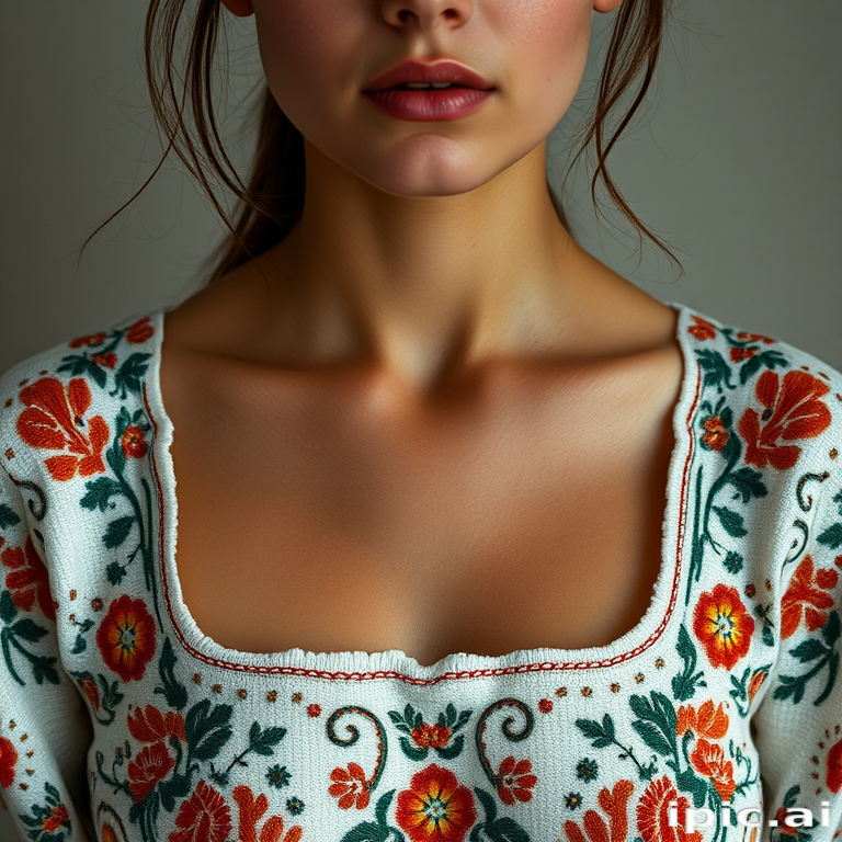 Face, shoulders, chest covered in openwork Ukrainian embroidery. Raw, unedited image.