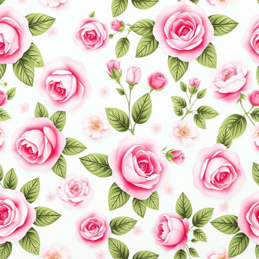 create a repeating floral pattern with pink roses and light-colored flowers, surrounded by green leaves on a white background