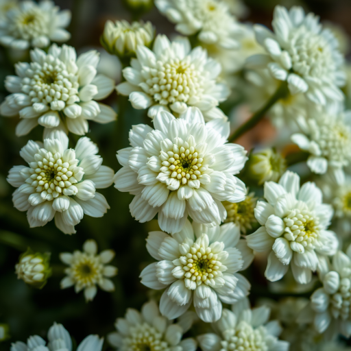 A close-up shot of an assortment of textured white flowers with varying shapes and sizes, taken with a Canon EOS R5, 50mm lens, f/1.8 aperture, ISO 100, natural lighting, shallow depth of field for enhanced detail.