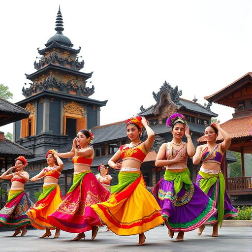 Create a vibrant image of a group of dancers in colorful traditional costumes performing in front of a Balinese temple with intricate architecture, use a DSLR camera with a 50mm lens, aperture set to f/2.8 for a shallow depth of field, ISO 100 for clarity, and employ a wide-angle view to capture the entire scene in bright daylight.