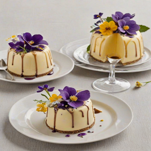 Create an image of elegant desserts featuring smooth, dome-shaped mousse cakes. The cakes should have a glossy yellow glaze and be adorned with delicate edible flowers like violets and daisies. Some should have chocolate drizzle, and others should be presented on minimalist white plates with a clean and bright background. Include a variety of textures, such as a poppy seed base and chocolate sprinkles for added visual interest.