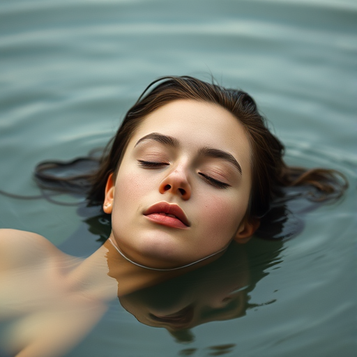 portrait of a serene young woman with eyes closed, submerged in calm water, soft natural light, shallow depth of field, taken with a Canon EOS R5, 85mm lens, aperture f/1.8, ISO 100, shutter speed 1/200 sec, slightly overcast day for soft diffused light