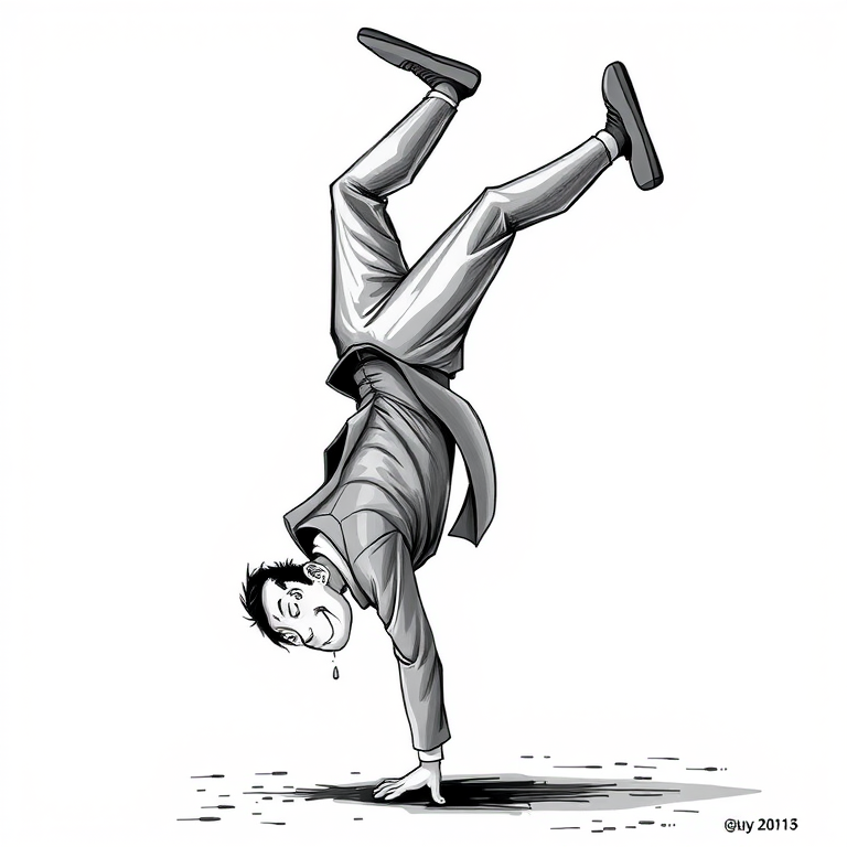 Create a black and white illustration of a character in a suit performing a handstand, with exaggerated features and a surreal style, shot with a DSLR camera at 50mm, f/2.8 aperture, ISO 100, natural lighting, and a shallow depth of field for enhanced focus on the character.
