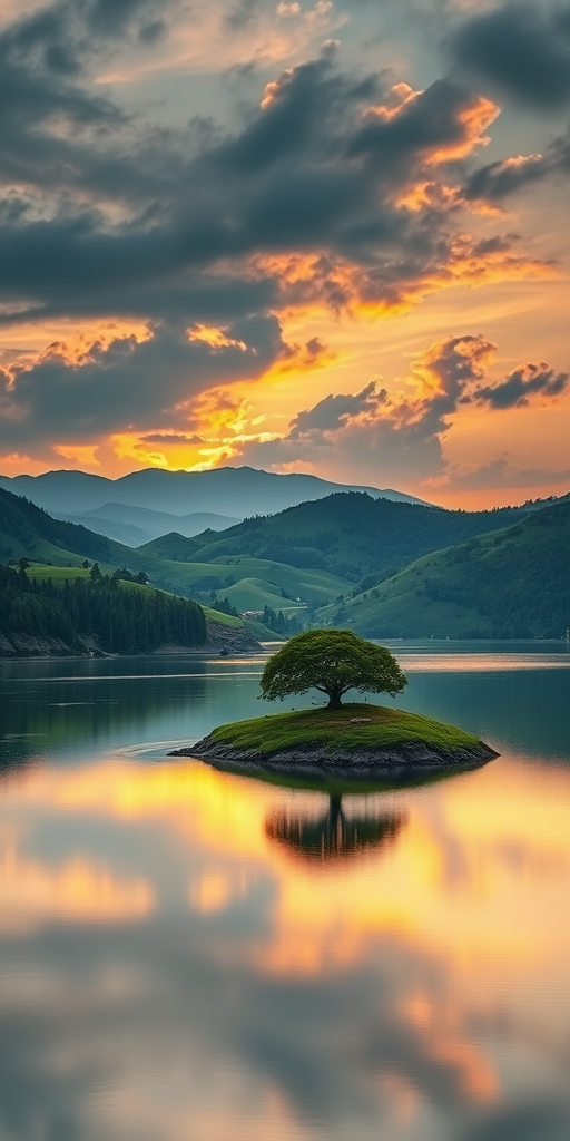 Create a serene landscape at sunset with lush hills, reflective water, and a small island with trees, using a Canon EOS R5, 24mm f/1.4 lens, f/8 aperture, ISO 100, and a soft focus style for enhanced detail and color saturation.