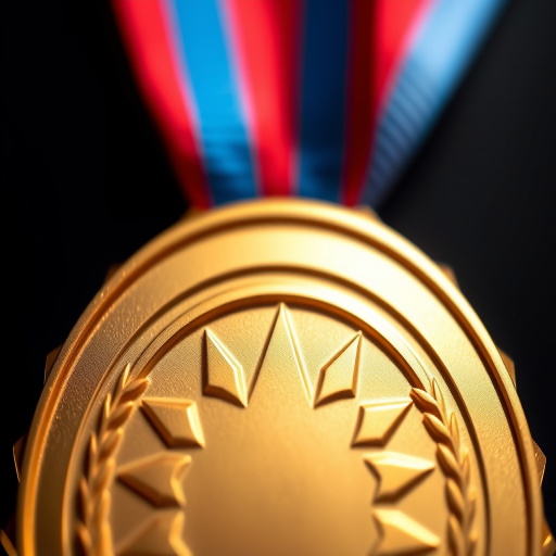 Create a high-resolution digital illustration of a gold medal with a starburst shape, featuring red and blue ribbons, using a Canon EOS R camera, set to aperture f/2.8, shutter speed 1/125s, ISO 100, with a macro lens to capture intricate details and vibrant colors.