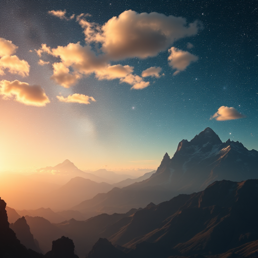Create a high-resolution digital art image of a distant alien landscape featuring dramatic mountains under a cosmic sky filled with stars and clouds, captured at dawn with a wide-angle lens at f/11, ISO 100, shutter speed 1/250 sec, using a DSLR camera for enhanced clarity and detail.