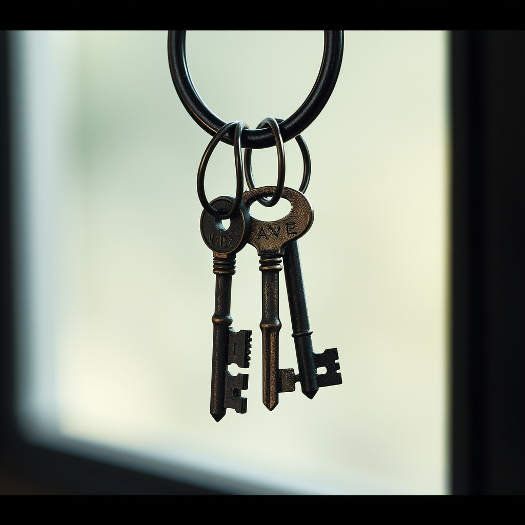Generate a high-resolution illustration of three vintage keys hanging from a circular ring, captured in a close-up view using a Canon EOS R5 with an aperture of f/2.8, ISO 100, and a 50mm lens, with a soft focus background to enhance the subject's details.