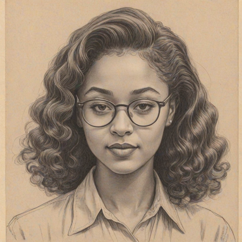 Pleasing Aisha Dee, pencil sketch, portrait of Fetching woman 1941s in glasses, hair style beatnik, outline, clear lines, fine lines, 8k
